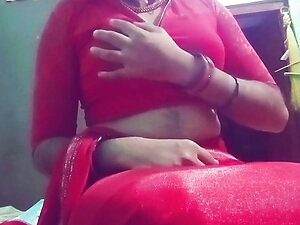 Indian Gay Crossdresser in Red Saree XXX Feel the Feminine Feel Playing with Her Boobs