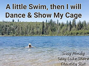 Dancing for all my friends at a few strangers at the lake in a skimpy swimsuit and showing my chastity cage