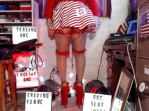 Red 10" BBC SLUT platform stiletto heels with ankle straps to tease BB12"NCs rock hard for cum.
