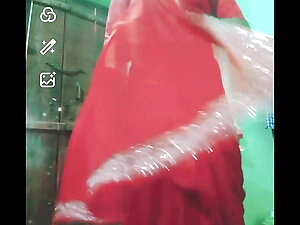 Indian Gay Crossdresser Gauri Sissy XXX Video Call in Red Saree Showing His Boobs and Bra Strap
