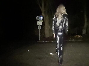 crossdresser sissy latex femboy parking lot truck stop risky flashing cute young leggings ass plug dildo anal outdoor public