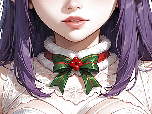 AI generated futanari futa Christmas Elf with purple hair up at Santa's workshop masturbating with selfsucking and cumshots