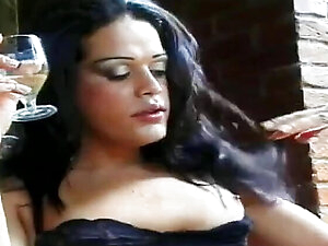 Hung brunette tranny and her man take turns sucking, fucking each other outside.