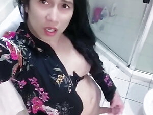 jerking off and cum in rest room by shemale