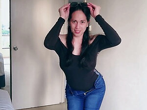 pretty asian ladyboy jeans striptease with gifted big boobs