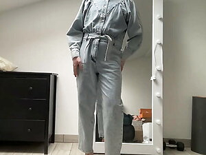 Jeans jumpsuit and high heels on sissy crossdresser slut